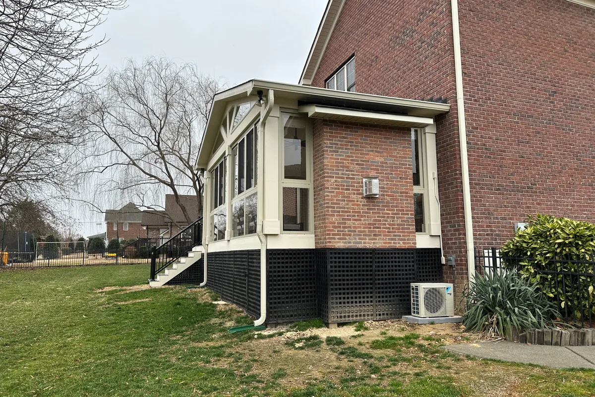 Three season glass enclosure corner detail Matthews NC installation