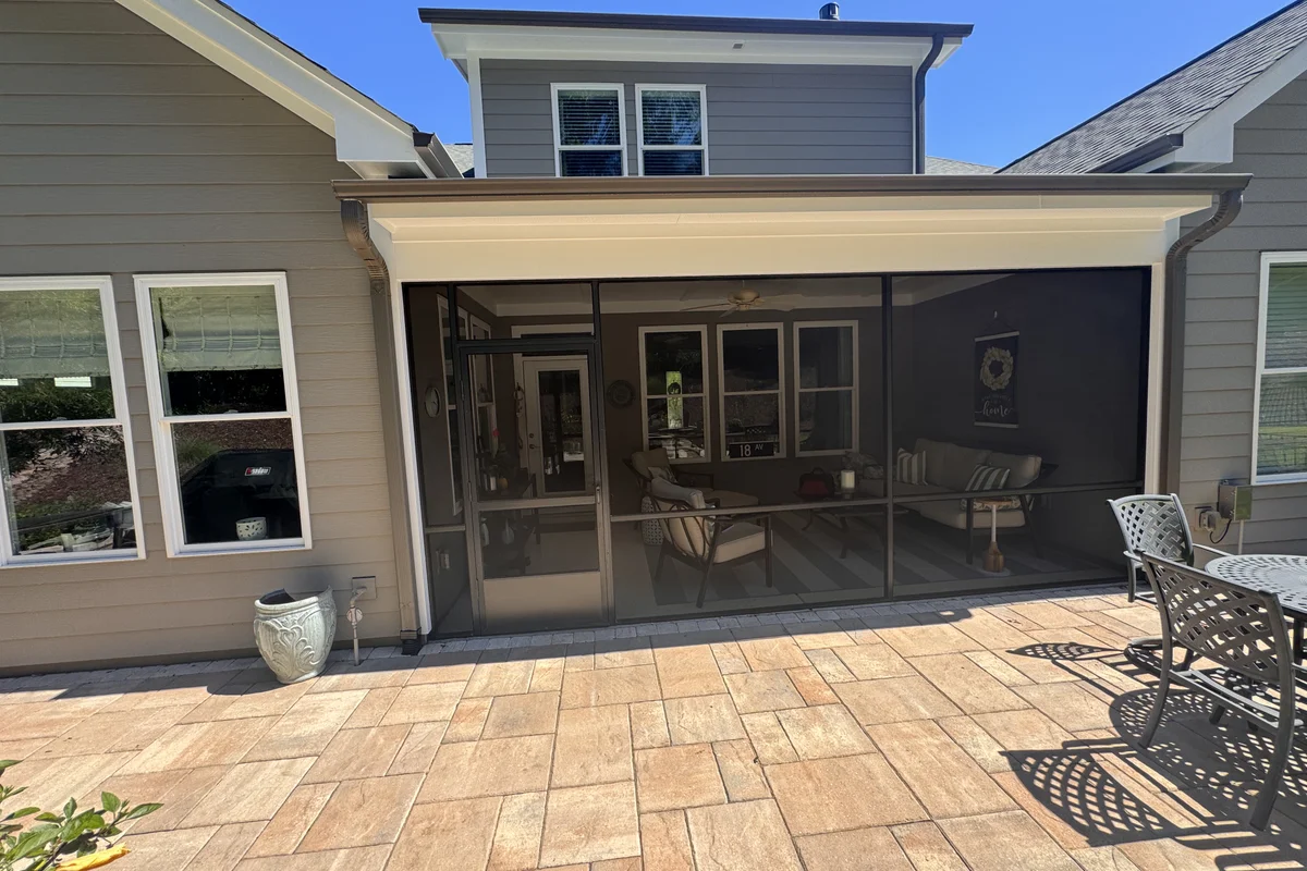 Completed 3-season vinyl porch enclosure exterior in Belmont NC before installation