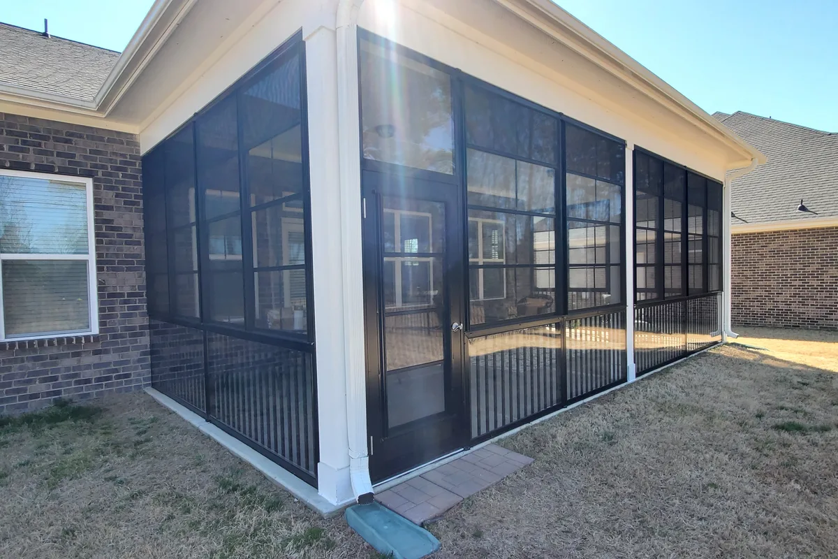 3-season room enclosure detail with vinyl film at Matthews NC Livery Stable project