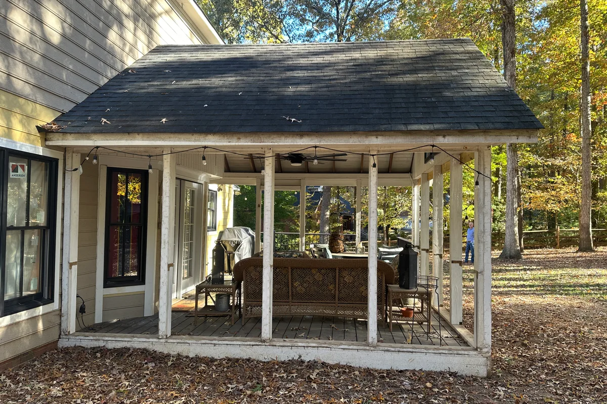 Bare porch frame before professional vinyl film installation Monroe