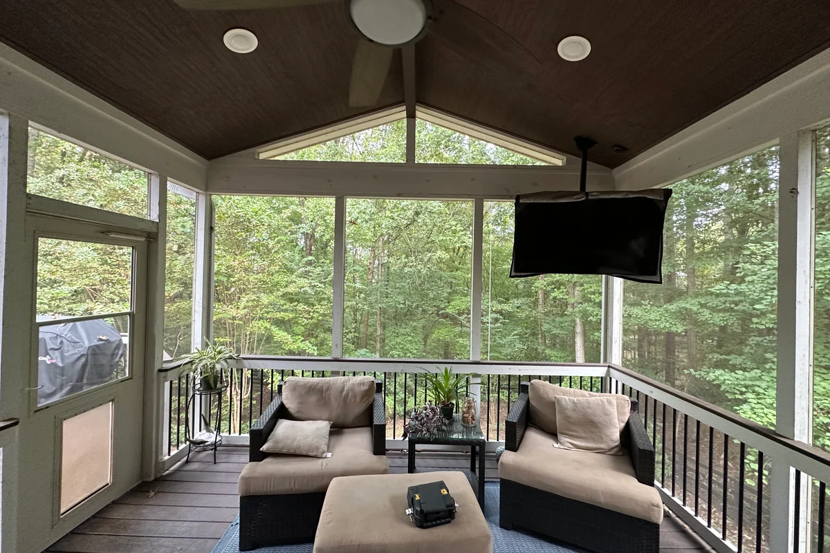 Before exterior view of porch ready for 3-season vinyl film enclosure in Plantation, Charlotte NC
