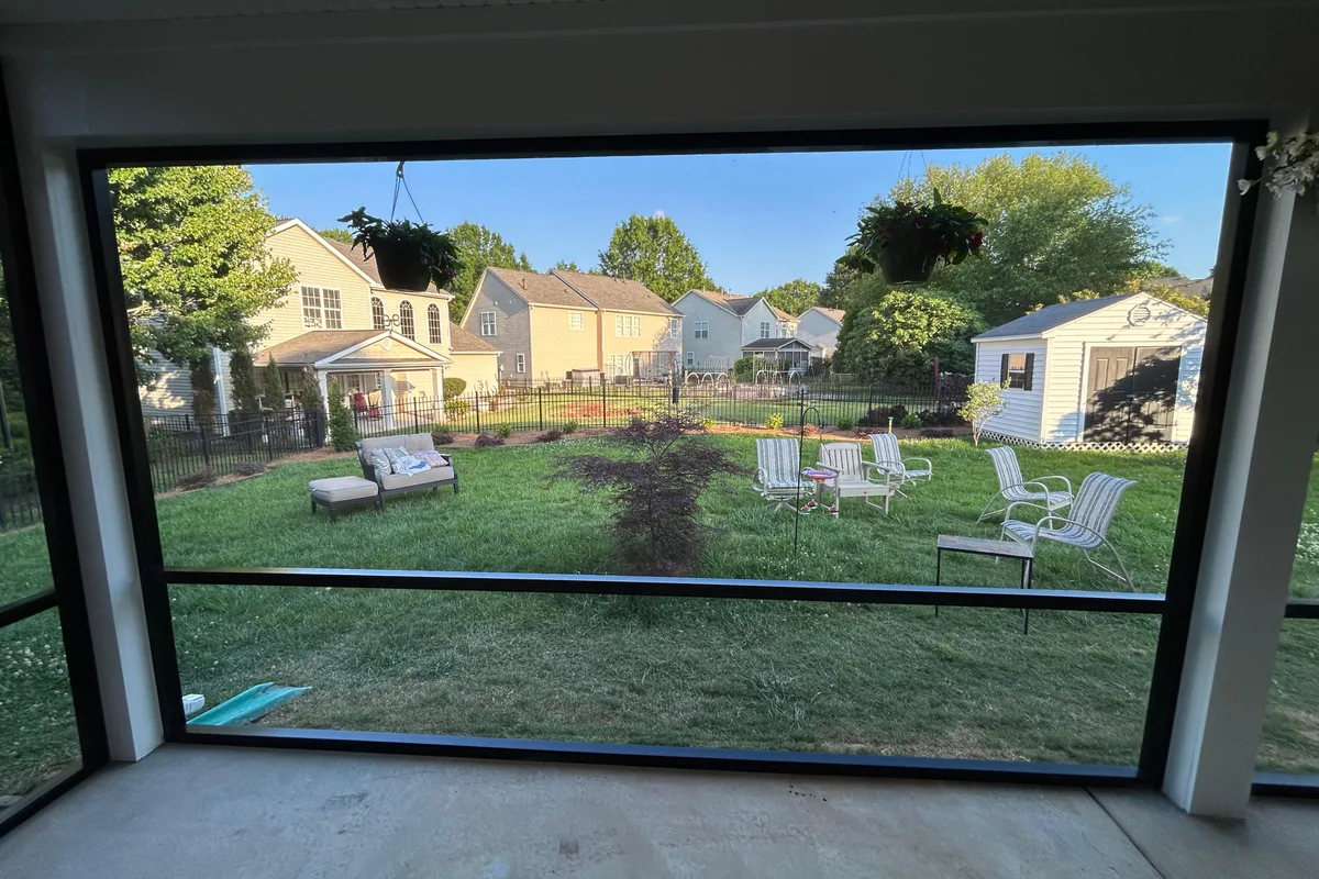Outdoor screen enclosure mesh and frame detail in Colton Ridge NC